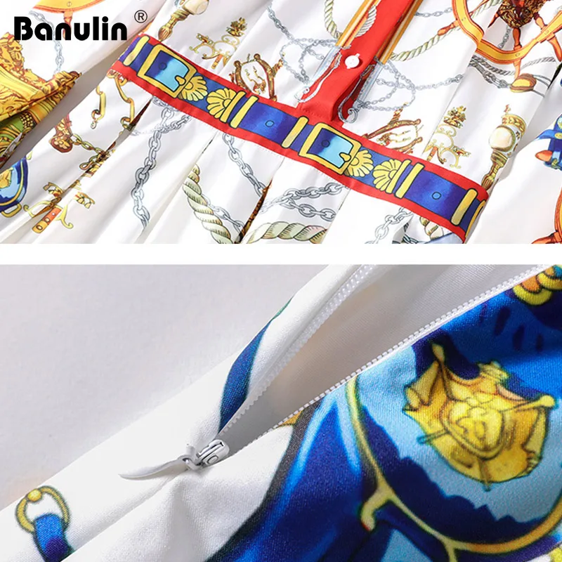 

Banulin Runway Designer Woman's Pleated Party Dress New 2018 Autumn Women Full Sleeve Floral Printed Dress Vintage Dress Woman