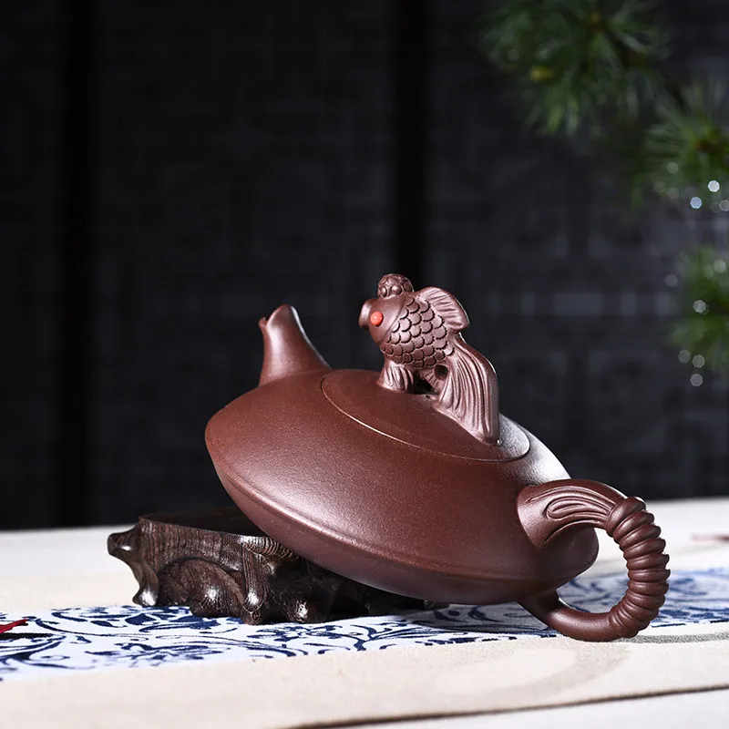 Исин Чайник Подлинная все ручной работы сырой руды фиолетовый грязи рыбы прыжок