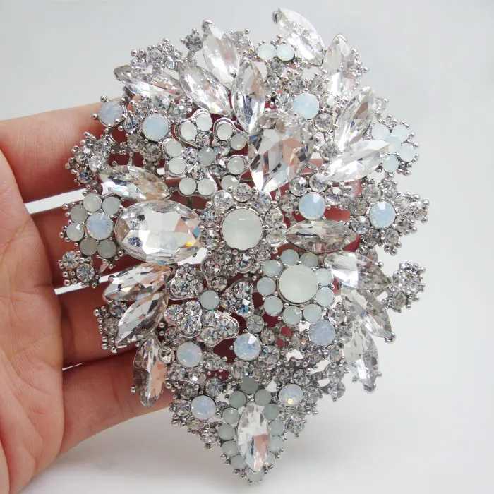 Серебряный цвет двойной цветок прозрачные стразы Кристалл свадебная брошь для
