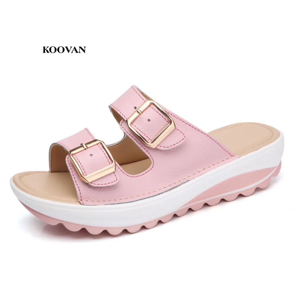 

Женские сандалии на толстой платформе Koovan, повседневные кожаные шлепанцы с пряжкой, Нескользящие пляжные шлепанцы для студентов, лето 2018