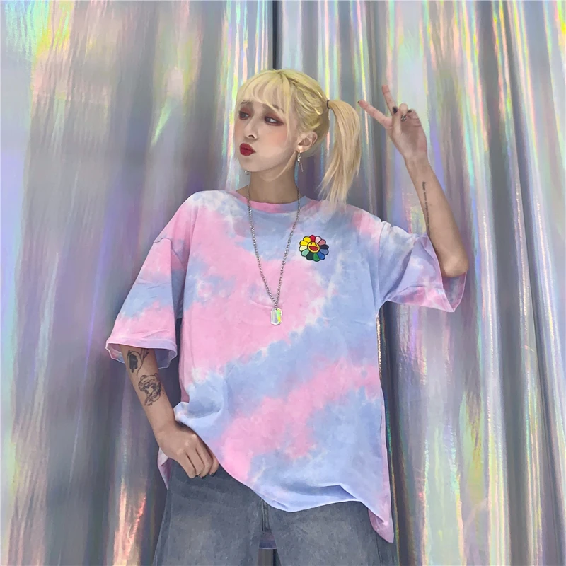 Модная футболка женская летняя одежда корейский стиль Ulzzang Harajuku Цветочные Emboridery галстук окрашенная Футболка женская Повседневная рубашка Топ