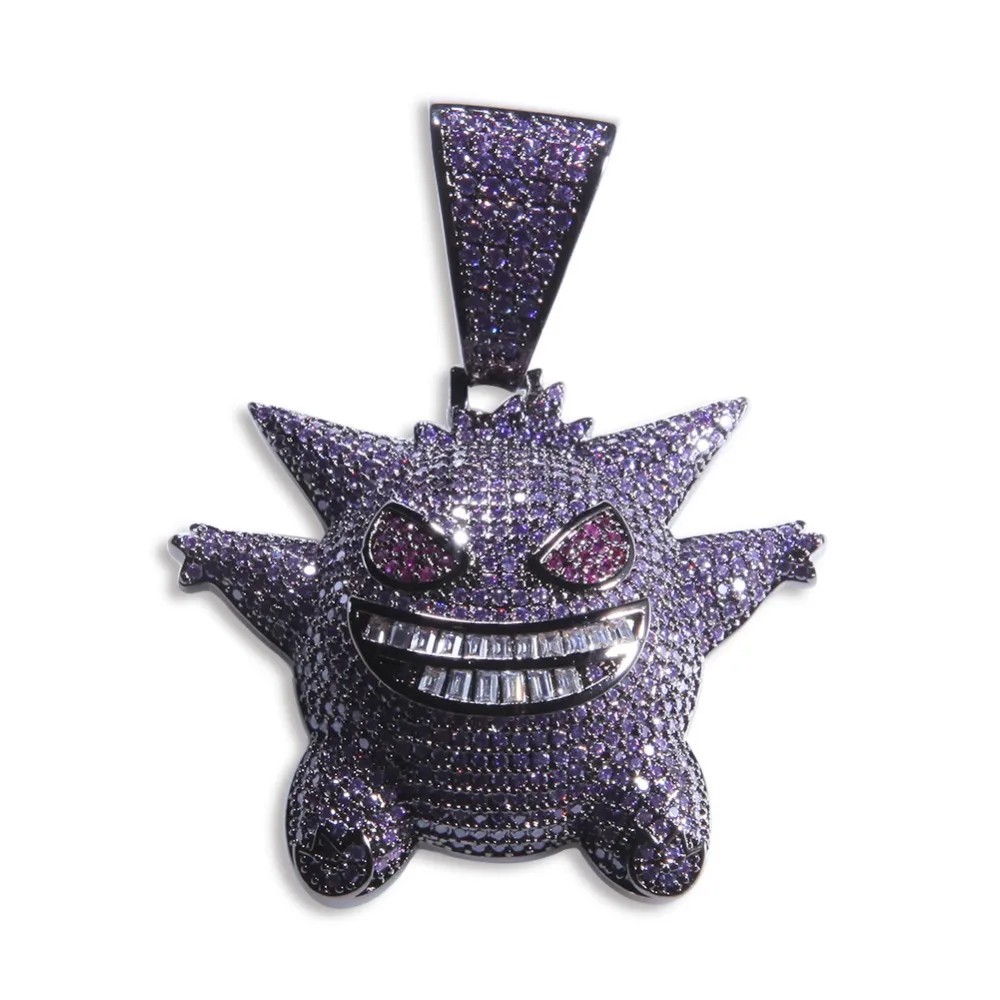 Инкрустированное цирконием золото серебро синий фиолетовый Забавный Gengar ожерелье животное аниме подвеска «эльф» мужские хип-хоп ювелирные изделия