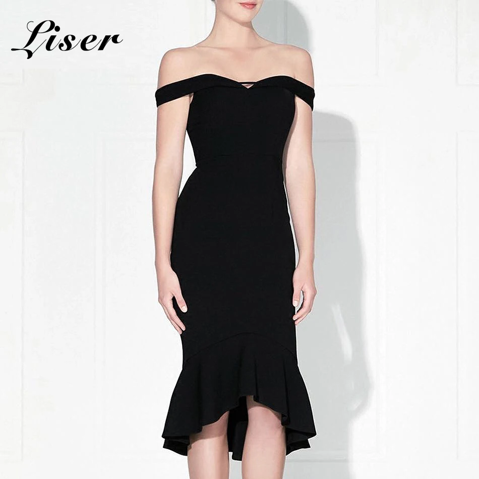 Женское облегающее платье Liser красное черное с вырезом лодочкой на лето 2019 |