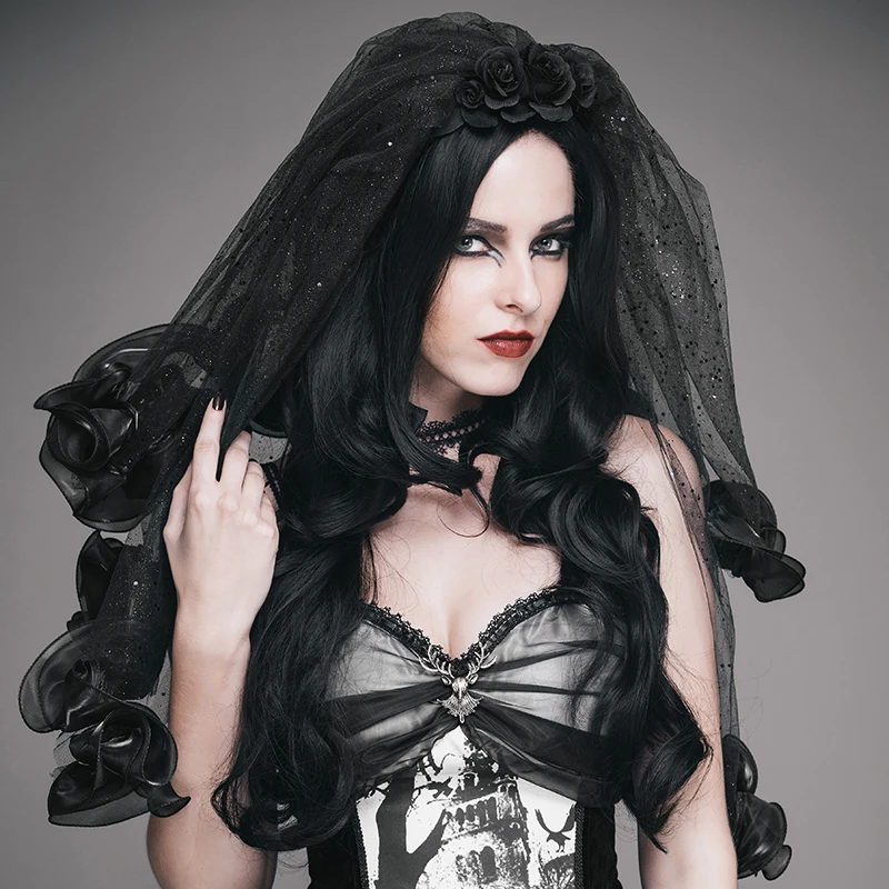 

EVA LADY Punk Women Black Fashion Roses Veil Steampunk Gothic Party Prom Black Headwear Beatiful Mysterious Veil