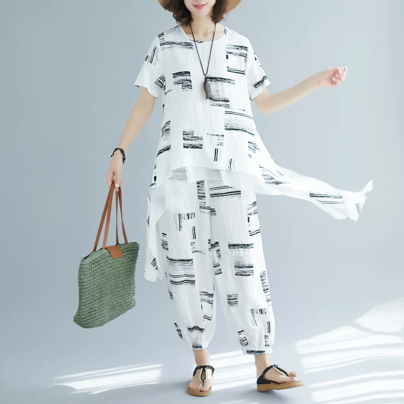 #0820 Black White Long Tees And Harem Pants Cotton Linen Printed Suits Ladies Casual Two Piece Set Trousers Top Asymmetrical |
