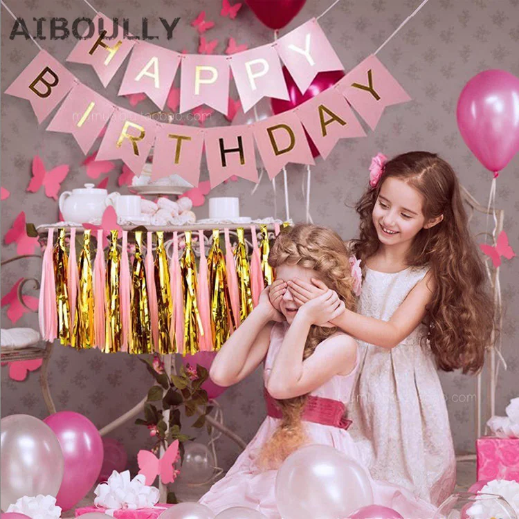 

Happy Birthday Banner Bunting Gold Pink Blue letters Handmade Paper Flags birthday party favors