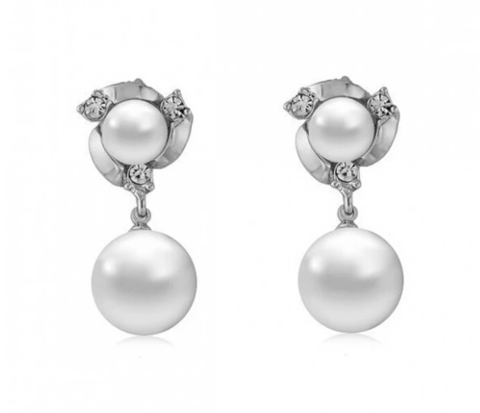 Оптовая продажа ОМХ 5 пар OFF20% серебряных сережек с белым золотом 18К и австрийскими кристаллами модного жемчужного цветка с подвеской. Бесплатная доставка. EH133.