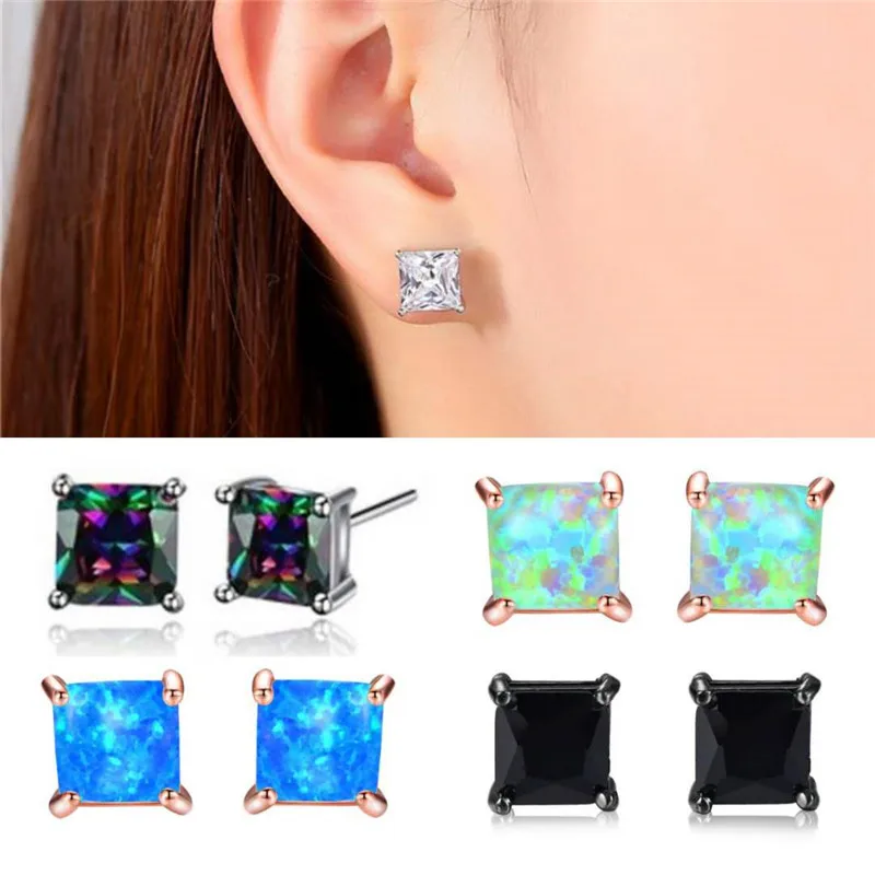 4/5/6/7MM Princess Cut Crystal Square Stud Earrings For Women Men Silver Rose Gold Color Black CZ White Blue Fire Opal Earrings