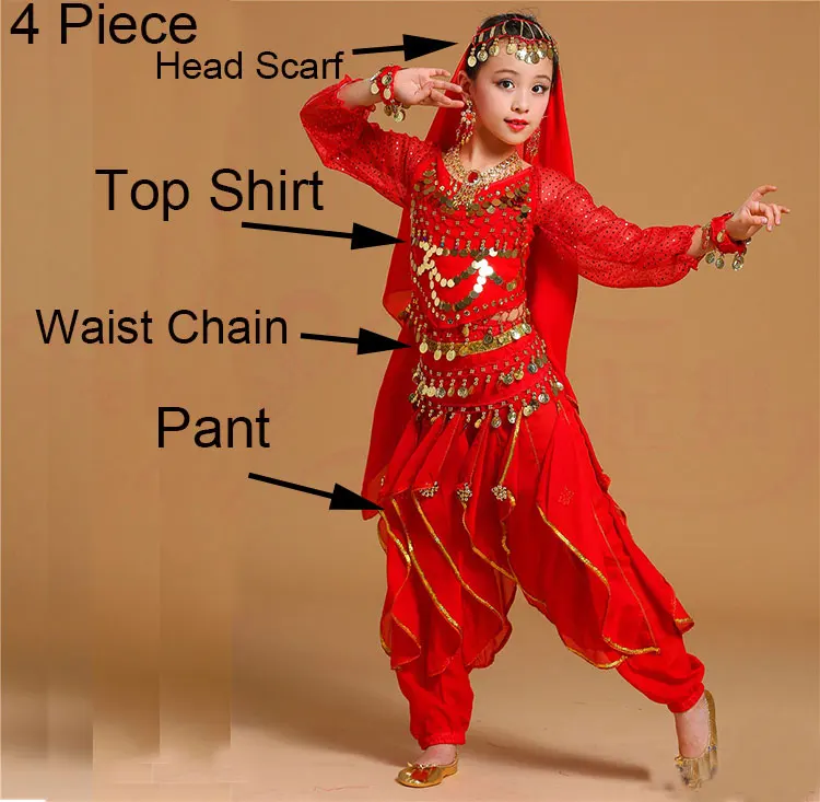 Red 4 Piece Костюм для танца живота с длинным рукавом для девочек, Детский комплект для индийского танца, детские костюмы для танца живота для девочек, египетские танцевальные костюмы - Цвет: Red 4 Piece