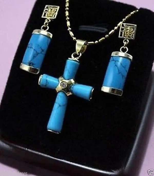 

new Style Hot sale********Gorgeous Turquoises"cross" Pendant Necklace + Earrings Fashion Wedding Party Jewellery