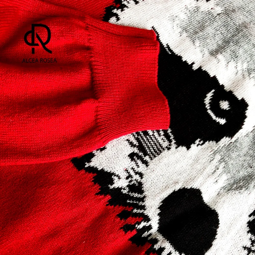 Alcea Rosea Cute Casual Red Sweater Crew Neck Animal Ringtail Penguin Jacquard Women's Knitted for Girls and Ladies 036 | Женская