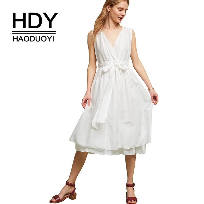 Женское платье с бантом HDY Haoduoyi белое длинное пляжное открытой спиной для