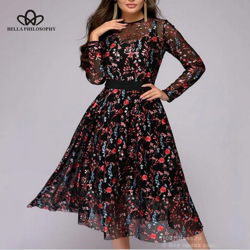 Bella Philosophy Sexy Women Floral Embroidery knee-length Dress print O-Neck belt dress See-through Black perspective | Женская одежда