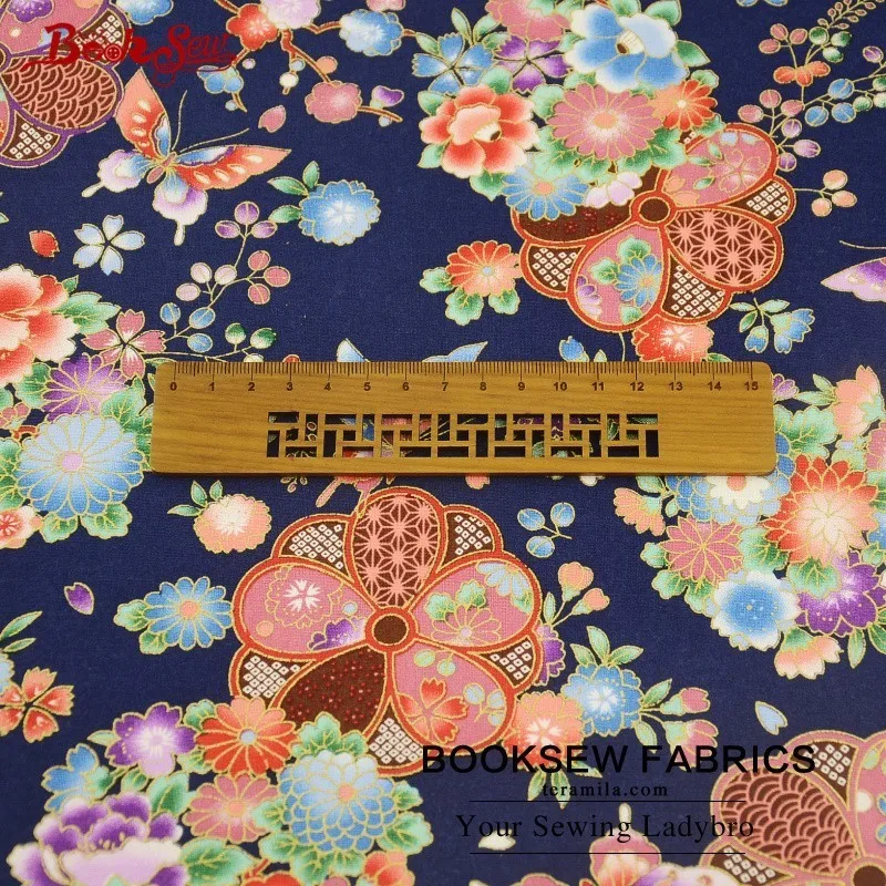 Хлопковая льняная ткань Booksew с бабочками и цветами Золотая фольга темно синяя для