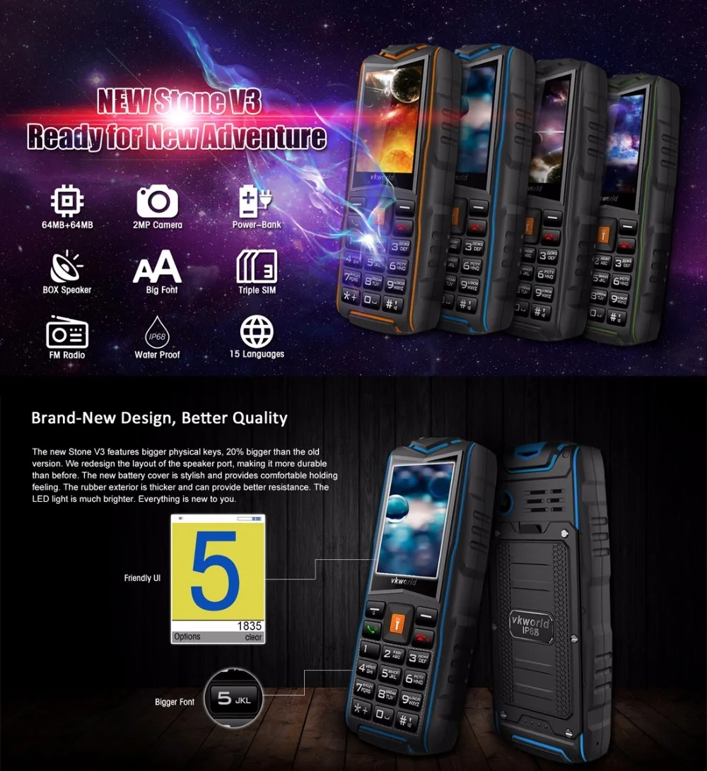 VKWorld New Stone V3 Waterproof Mobile Phone IP68 2.4 inch GSM FM Russian Keyboard 3 SIM Cards Slot 3000mAh Cellphone LED Light | Мобильные