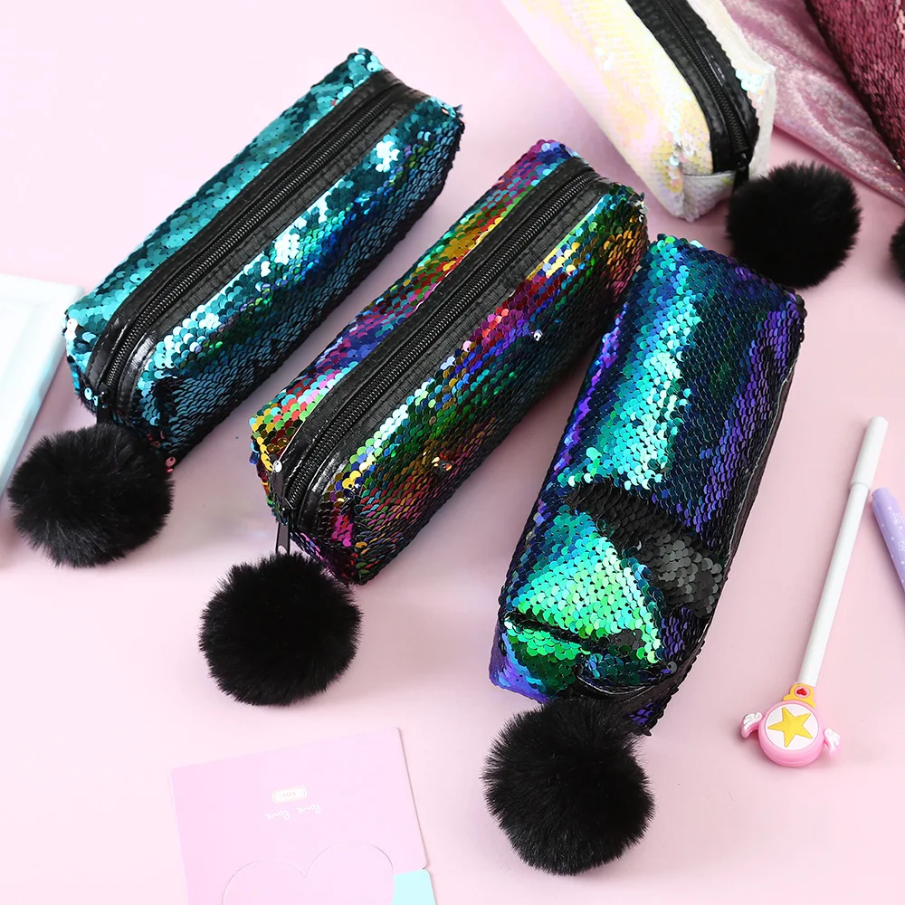

New 7 colors Girls Pencil Bags Unisex Fashion High Quality Double Color Makeup Pouch Women Men's Sequins Cosmetic Cases