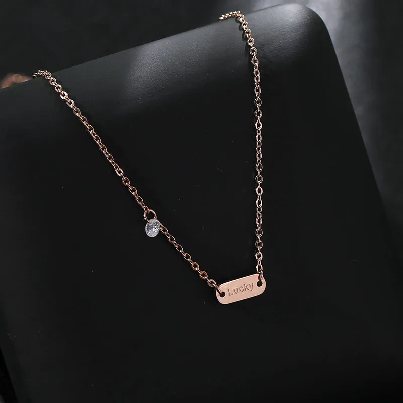 

YUN RUO Rose Gold Color Fashion Shiny Crystal Lucky Tag Pendant Necklace Titanium Steel Jewelry Woman Birthday Gift Never Fade