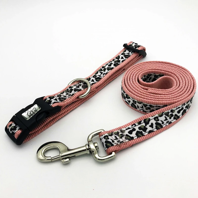 Leopard Collar Set XS S L маленький средний и собачий ошейник большого размера поводок Леопард Регулируемая пряжка для ремня ошейник нейлоновый поводок для домашних животных собака набор золотой ретривер - Цвет: Leopard Collar Set