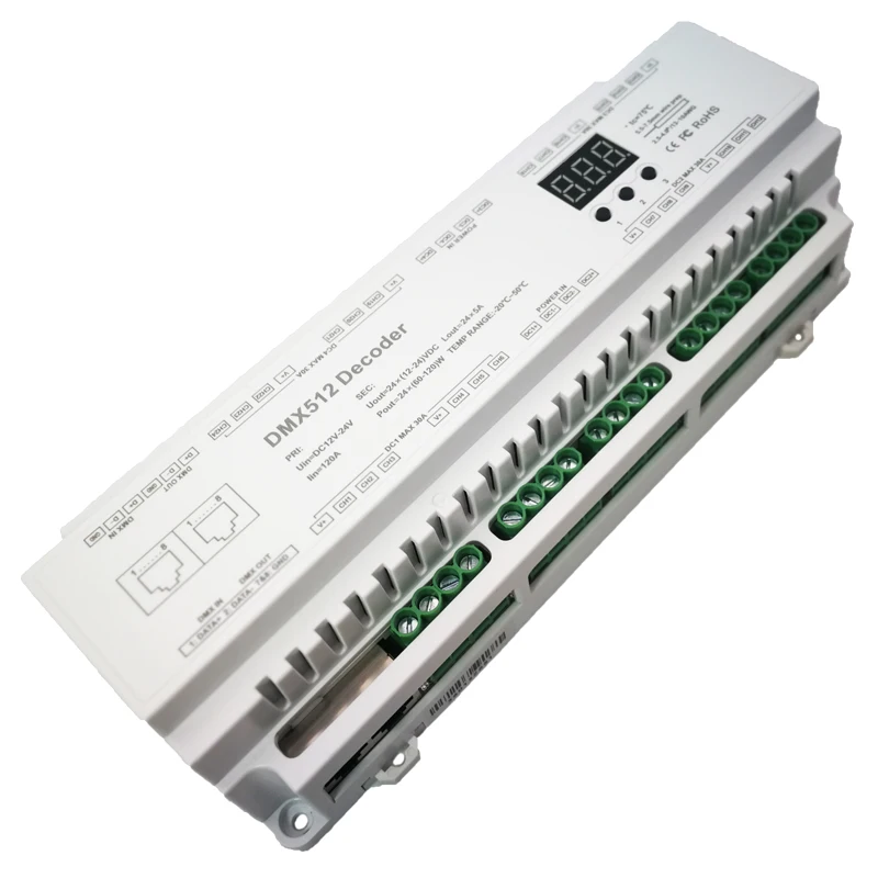 10 шт./лот светодиодный DMX512 декодер DC12V-24V 5A* 24CH 3x32CH 3x40CH светодиодный дисплей DIY установки RJ45 24 32 40 каналов din-рейка DMX декодер