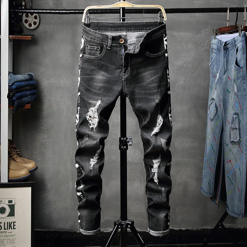 

New Brand Fashion Jeans Men Patchwork Hollow Out Printed Beggar Pants Mens 2019 Spring Ripped Hole Skinny Black Jeans