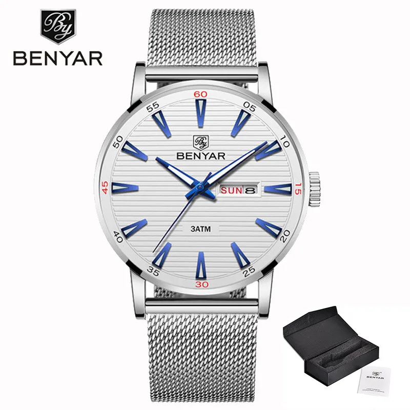 Silver S Новые мужские часы Топ бренд класса люкс BENYAR кварцевые наручные часы мужские модные повседневные кожаные часы Reloj Hombre светящиеся военные часы - Цвет: Silver S
