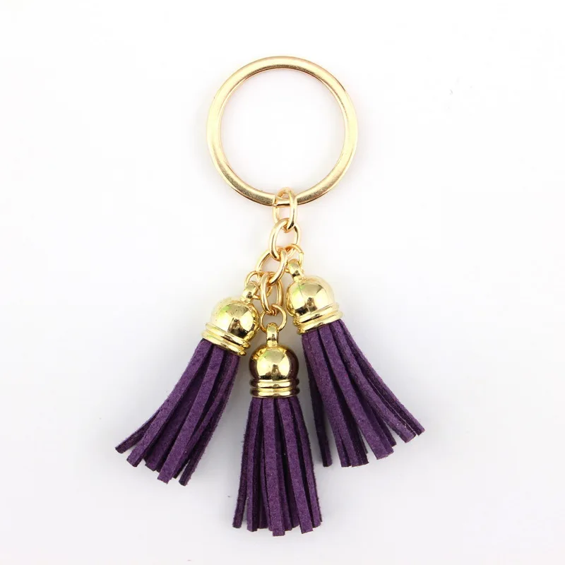 Gold Purple Новинка, модный Женский Повседневный тройной кожаный брелок с кисточками, женская сумка, подвеска, сплав, автомобильный брелок, кольцо, держатель, Трендовое ювелирное изделие - Цвет: Gold Purple