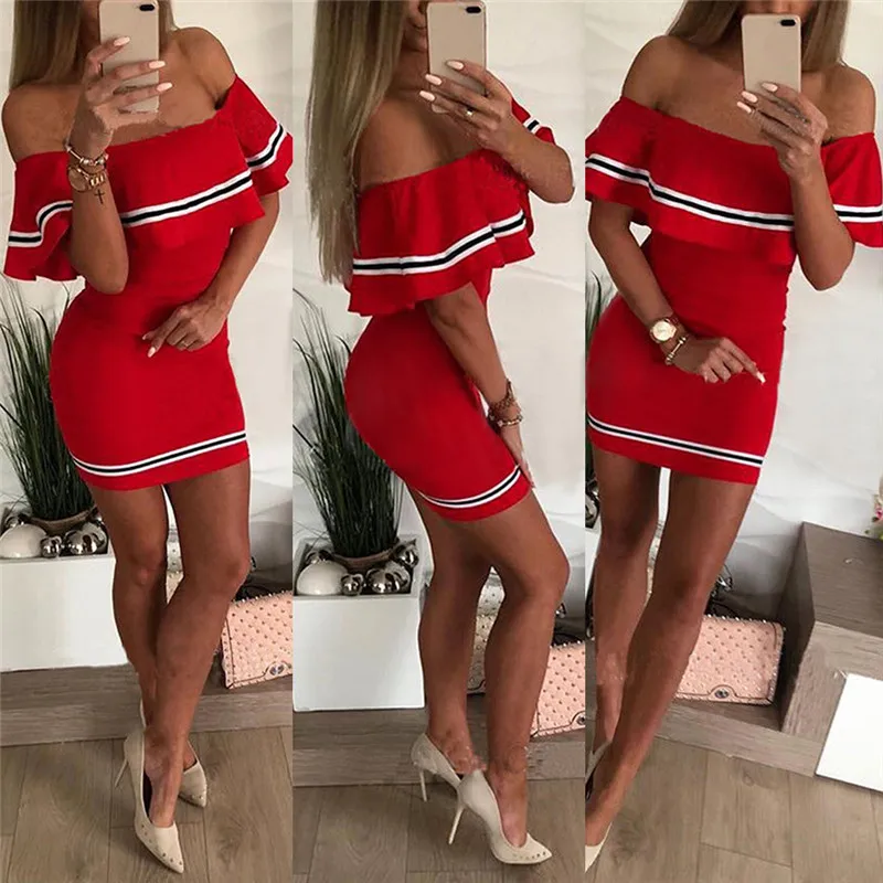 JOYINPARTY сексуальное платье с открытыми плечами облегающее мини в горошек женское