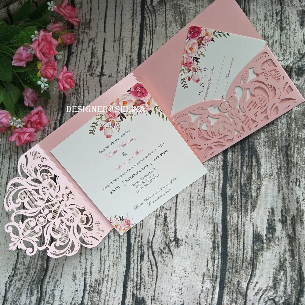 Румяна Розовый Shimmy конверт с лазерной резкой Quinceanera приглашение с открытка RSVP приглашения на свадьбу День рождения обручение