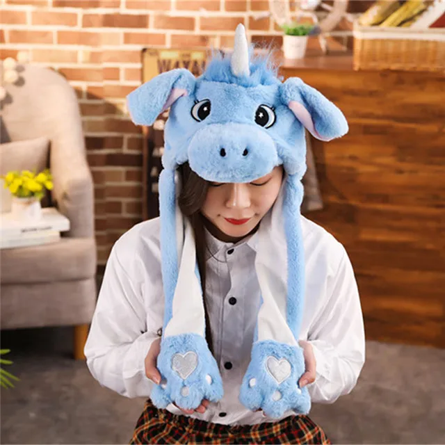 blue unicorn 1 шт. 60 см забавная стежка Пикачу Кролик Плюшевая Игрушка мягкая шапка с наполнителем с ушками движущаяся плюшевая креативная игрушка шапка кукла милый подарок на день рождения - Цвет: blue unicorn