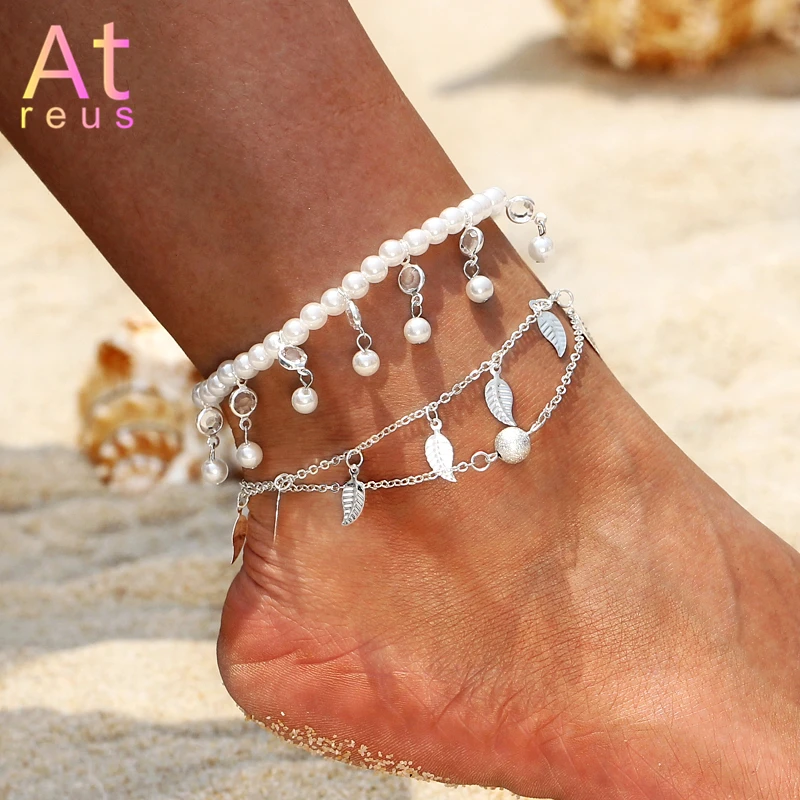 1-2pc Bohemian Imitation Pearl Beads Ankle Bracelet for Women Silver Color Leg Chain Leaf Anklet Vintage Foot Jewelry Accessory | Украшения
