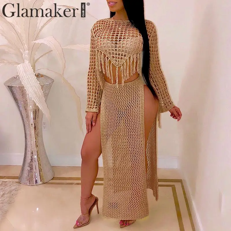Glamaker, сексуальное трикотажное платье, женское, длинный рукав, высокий разрез, элегантное, макси платье, вечерние, для клуба, с кисточками, два предмета, костюм, платье