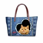 Индивидуальная Милая джинсовая женская сумка из неопрена с рисунком кота, сумка-тоут с ручкой для девушек, повседневная женская сумка с большой вместительностью, сумка на молнии