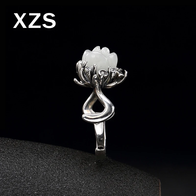 

100% Authentic 925 Sterling Silver Hetian Jade Flower Rings China Style Vintage Hand Made For Women Luxury Gift Jewelry JZC-8036