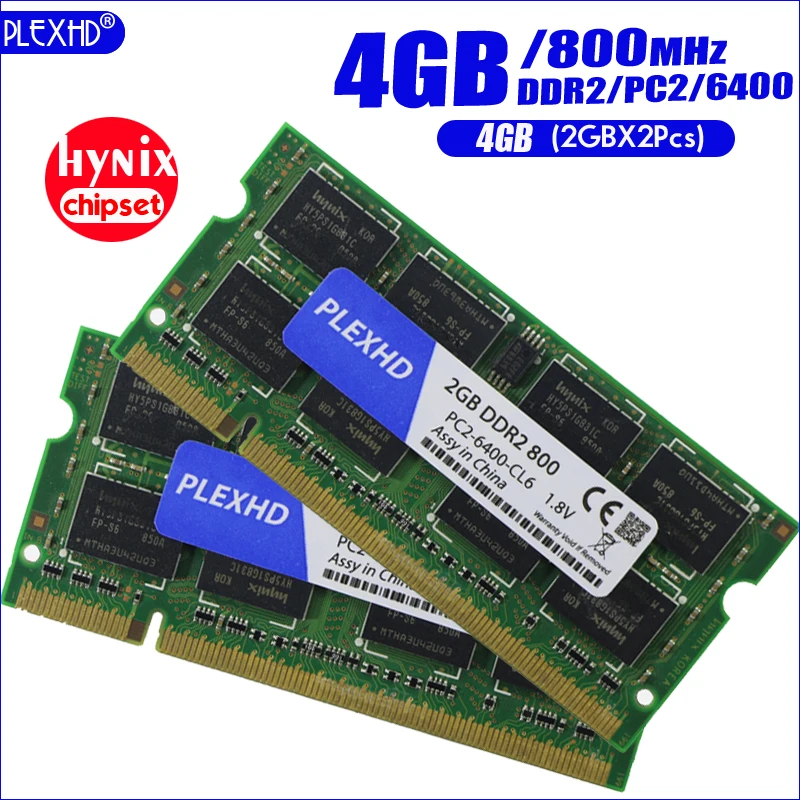 PLEXHD 4G 4 Гб(2GBX 2 шт) DDR2 pc2 6400 800 МГц 2RX8 память для ноутбука 4 Гб pc2-6400S ddr2 800 МГц 200pin оперативная память для ноутбука(чипсет hynix