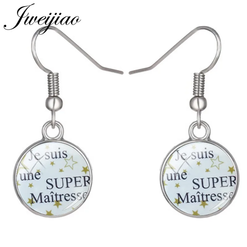 JWEIJIAO French&quot Je Suis Une Super Maitresse&quot Dangle Earrings Glass Dome Pendant Drop For Teachers Jewelry Gift JE22 | Украшения и