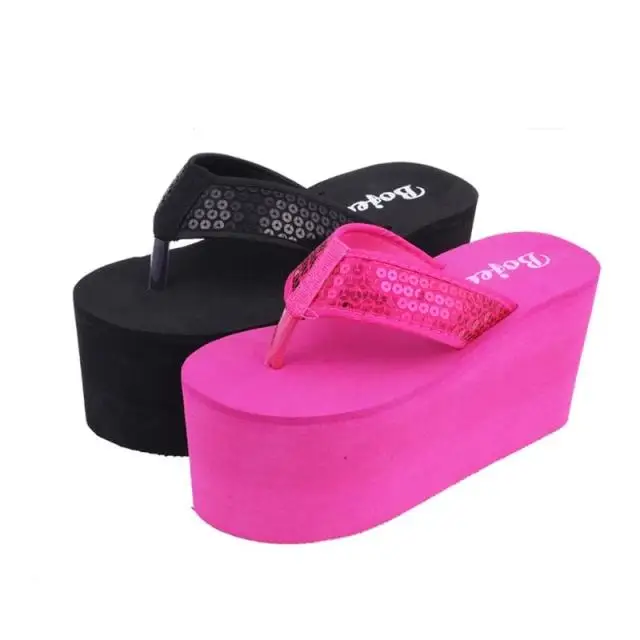 Spring and summer lambdoid high-elastic foam sandals high heel paillette  wedges flip-flop slippers - купить по выгодной цене | AliExpress