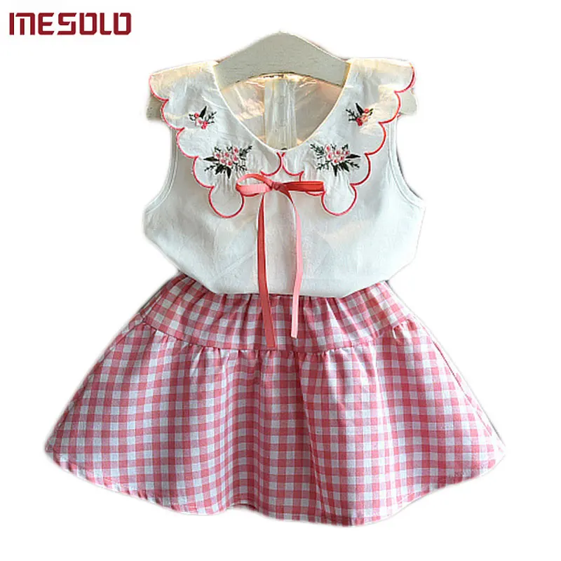 MESOLO/новый летний комплект для девочек футболка + клетчатая юбка модель han