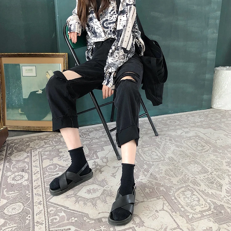 S-xl осенние винтажные стильные женские черные рваные джинсовые брюки повседневные джинсы с высокой талией для женщин прямые брюки(78207
