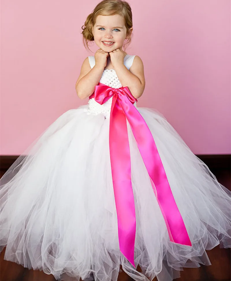 

Милое детское платье для девочек, белое платье с цветами, вязаное крючком, Тюлевое бальное платье с розовой лентой и бантом, детское длинное ...