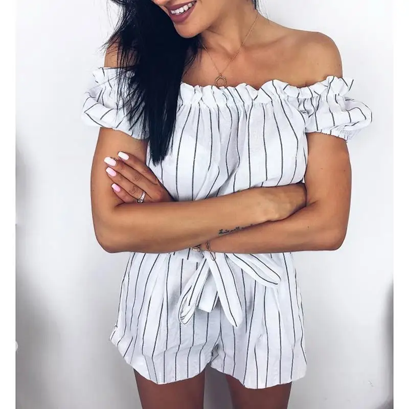 Сексуальный комбинезон с открытыми плечами женский коротким рукавом и оборками