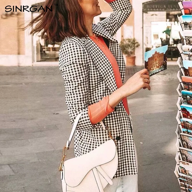 SINRGAN Женский Осенний Костюм Плед Пиджаки Офис Леди Повседневный Стиль Модный