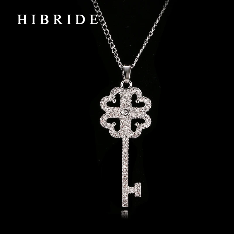 

HIBRIDE JEWELRY Brand Romantic Key Shape Cubic Zirconia Pendants Necklace, Rhodium Plated Ladies Neklaces for Women Gifts, N-14