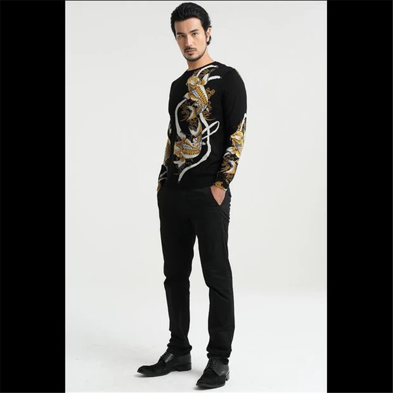 

Chinese style carp pattern printed quality O-neck men sweater 2016 Autumn&Winter new fashion bottoming quality sweater men M-3XL
