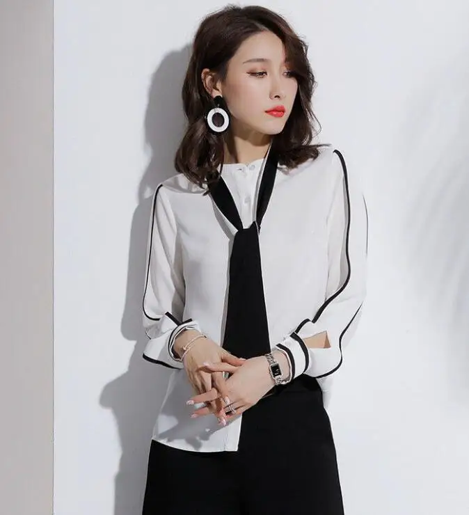 Весна Для женщин с бантом одежда длинным рукавом Slim Fit белый Шифоновая блузка