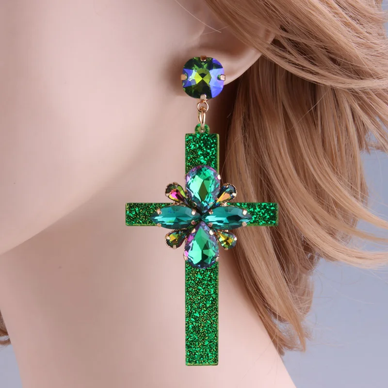 green Серьги-подвески NeeFu WoFu из смолы с крестиком, брендовые большие серьги с кристаллами, большие длинные серьги Brinco, аксессуары для ушей, Oorbellen, рождественский подарок - Окраска металла: green
