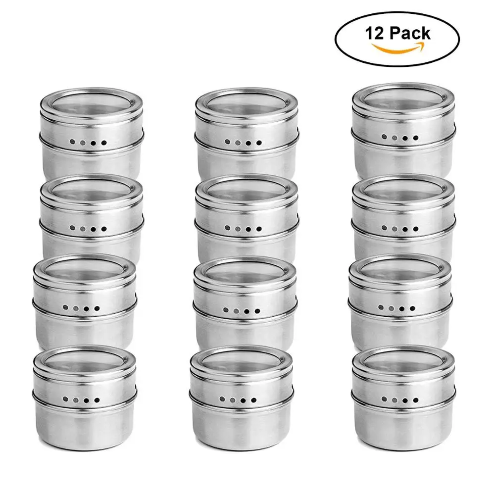 12 pcs 6/12 шт. нержавеющая сталь баночки для специй контейнеры для хранения набор с прозрачной верхней крышкой для травы соли Peper магнитные баночки для специй Органайзер - Цвет: 12 pcs