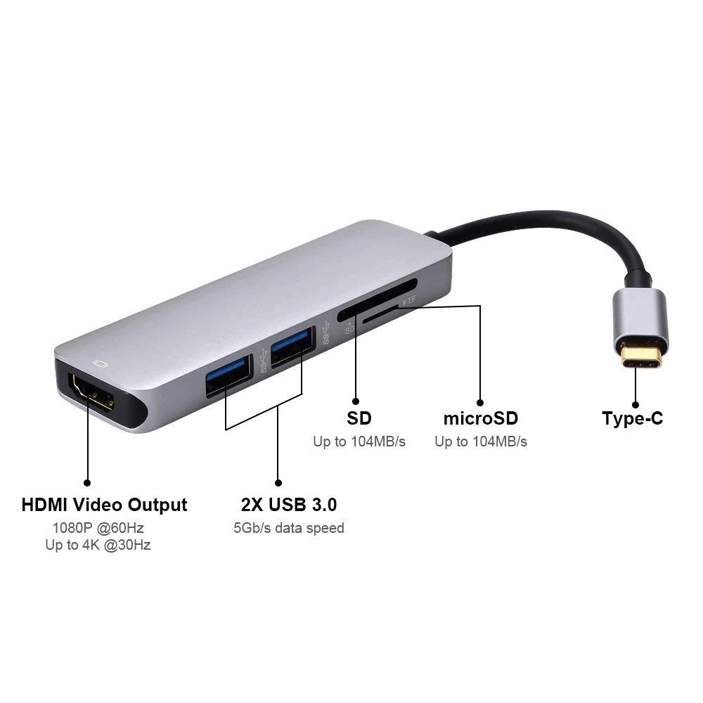 Адаптер USBC на HDMI 2 USB 3 0 5 Гбит/с слот для карт SD TF 4K 30 Гц 1080P | Электроника