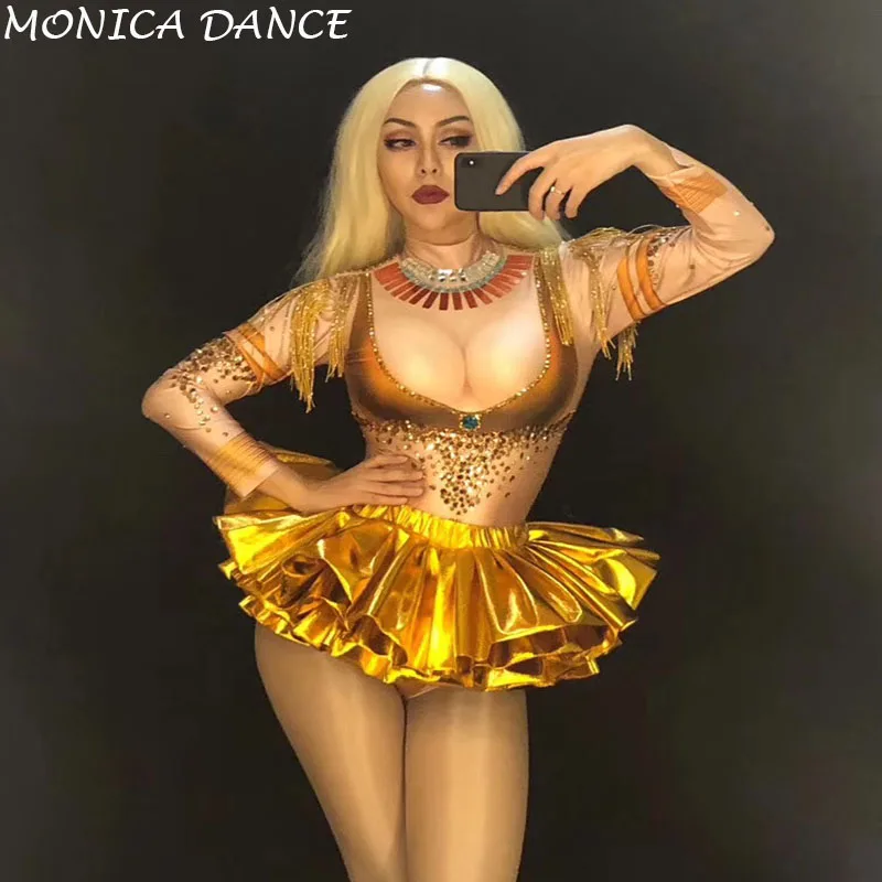 Women Sexy Gold Rhinestones Tassel Bodysuit Stage Dance Wear Leotard Costume Singer Performance Stretch Dance Outfit Bodysuit