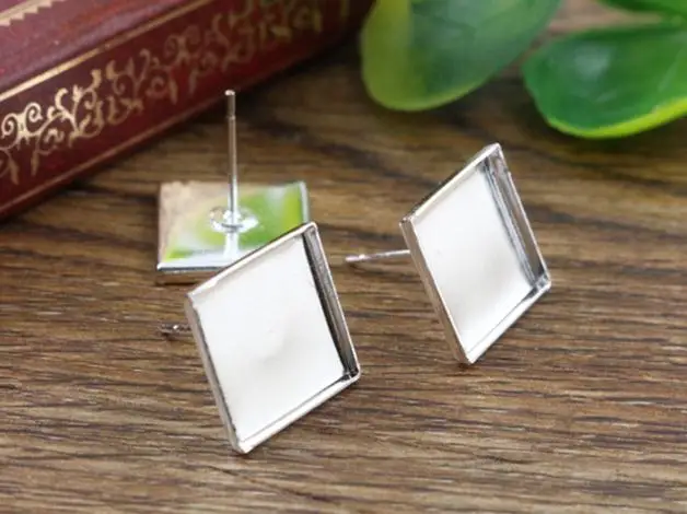 12mm 20pcs Silver Plated Square Earring Studs Earrings Blank/Base Fit Glass Cabochons ButtonsEarring Bezels (L4-10) | Украшения и