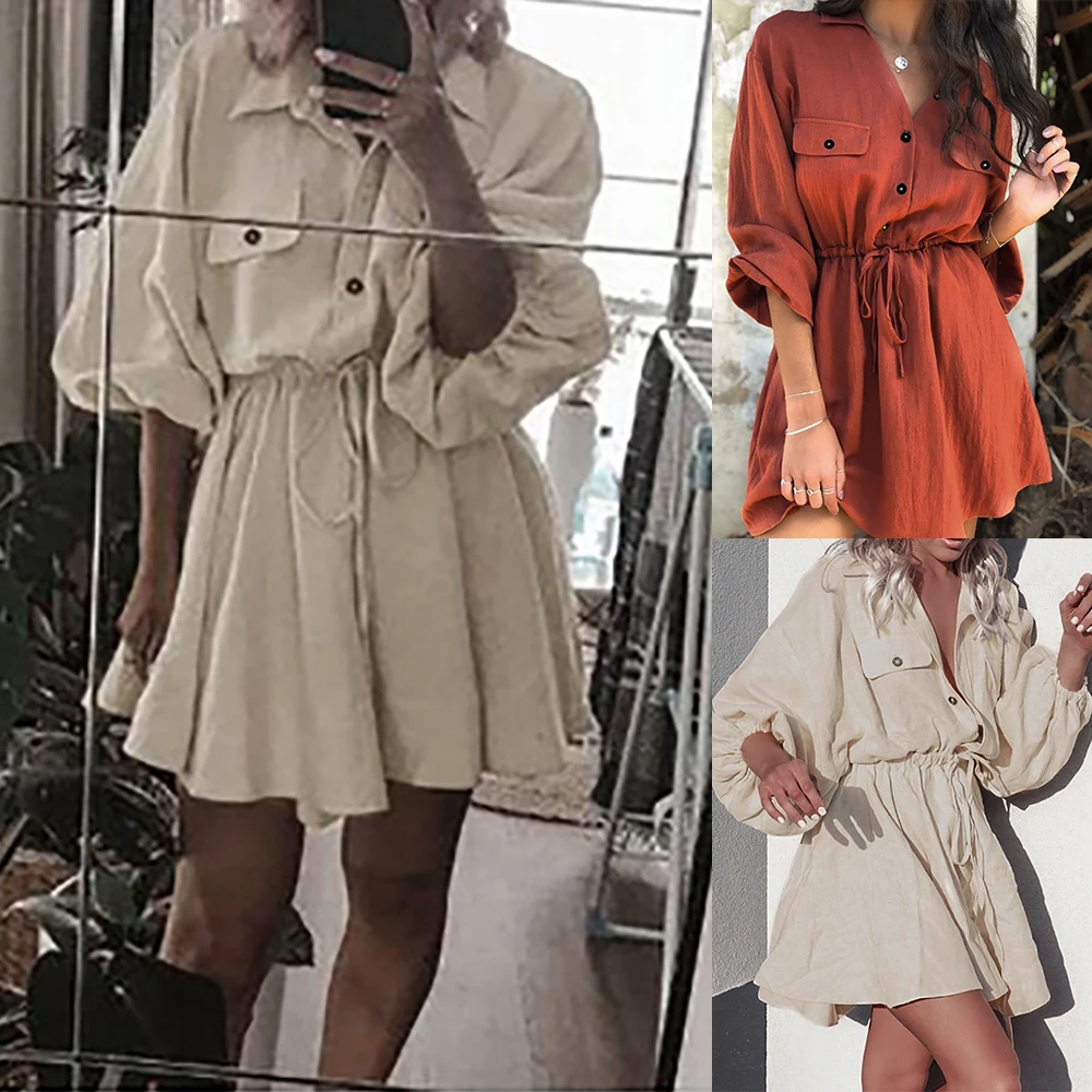 Women Fashion belt dresses linen short shirt dress Long sleeve cotton dress buttons female vestidos Faldas Mujer